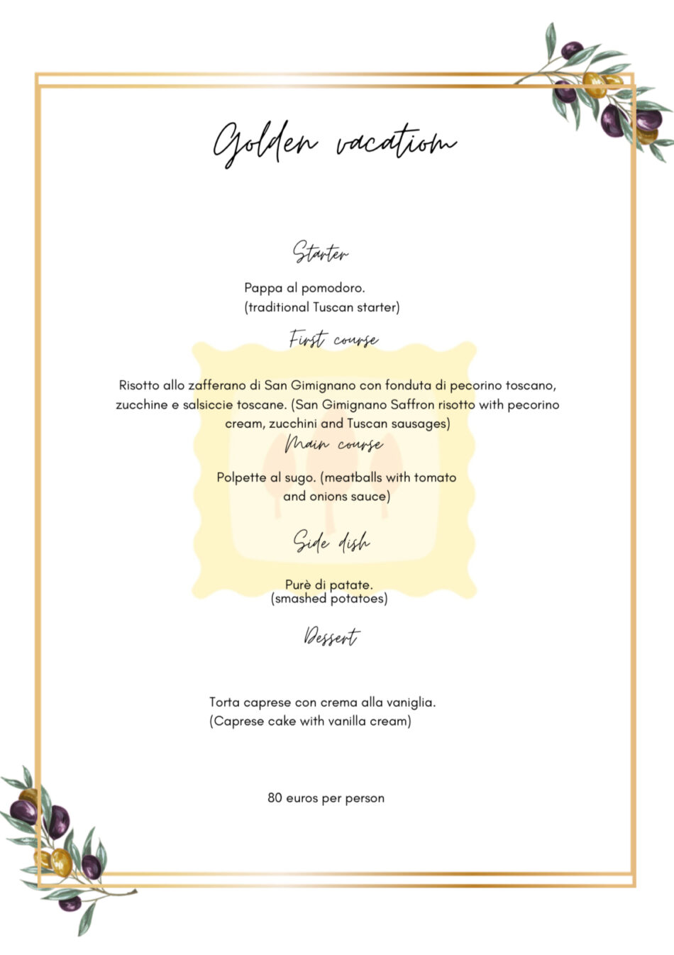 Golden Vacation Menu